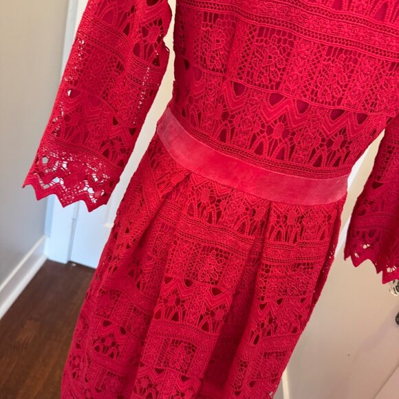 Lace Midi Dress With Velvet Bow Belt By Dainty Jewells - Womens M - Bright Pink - Picture 11 of 16